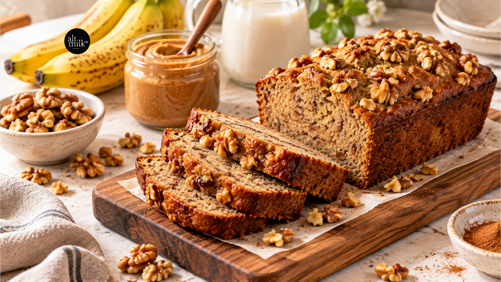 Vegan banana bread with walnuts sliced on a wooden board.