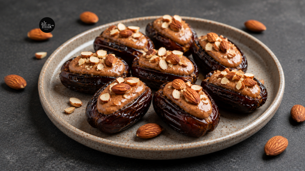 Almond butter stuffed Medjool dates topped with chopped almonds on a plate