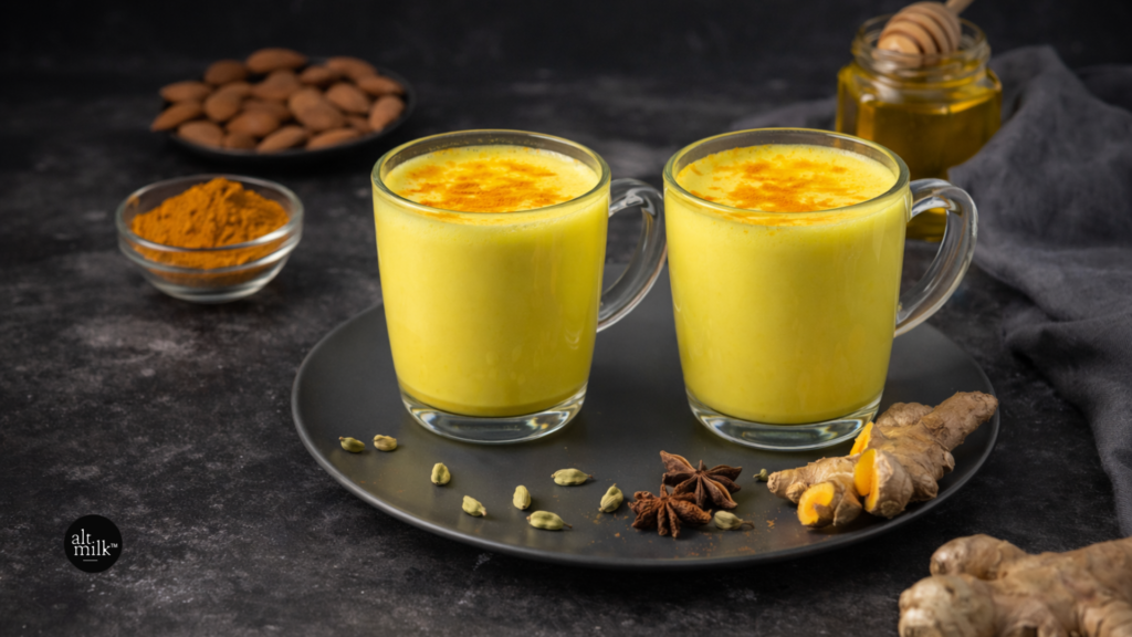 Almond milk turmeric latte (golden milk) served in glass mugs with turmeric, ginger, cardamom, and honey, offering a healthy and comforting wellness drink.