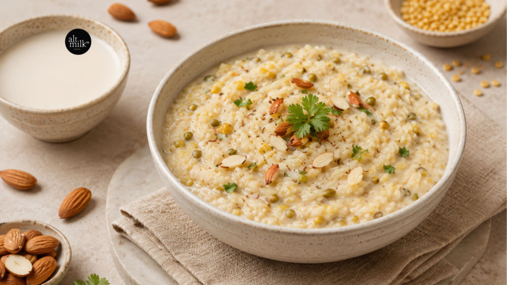 Almond milk khichdi with rice, green peas, almonds, and fresh coriander in a bowl