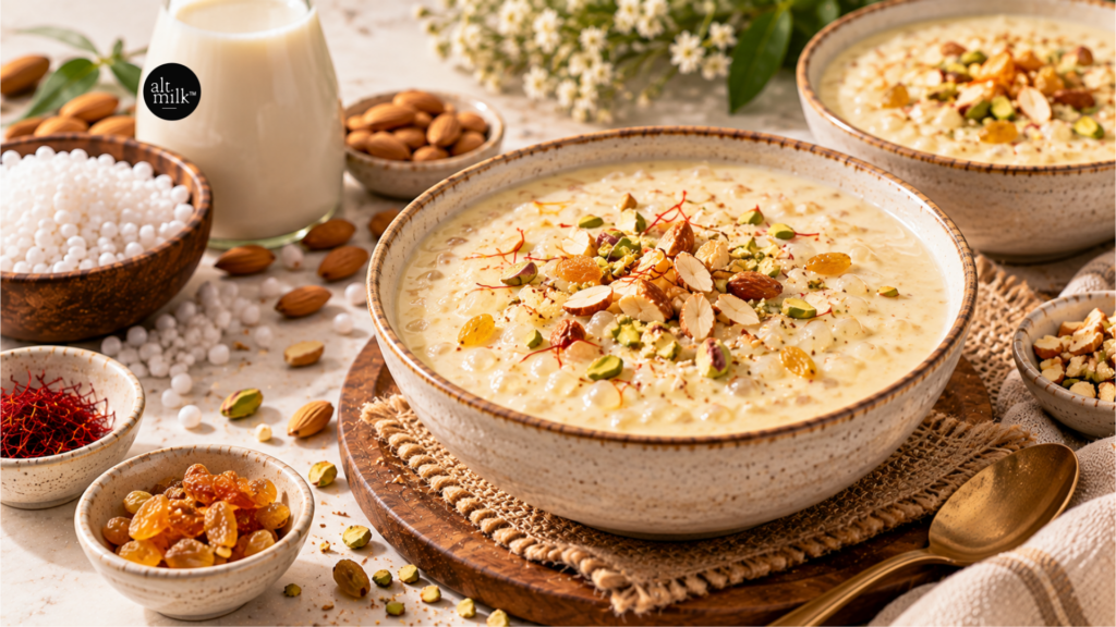 Creamy rice pudding topped with almonds, pistachios, raisins and saffron