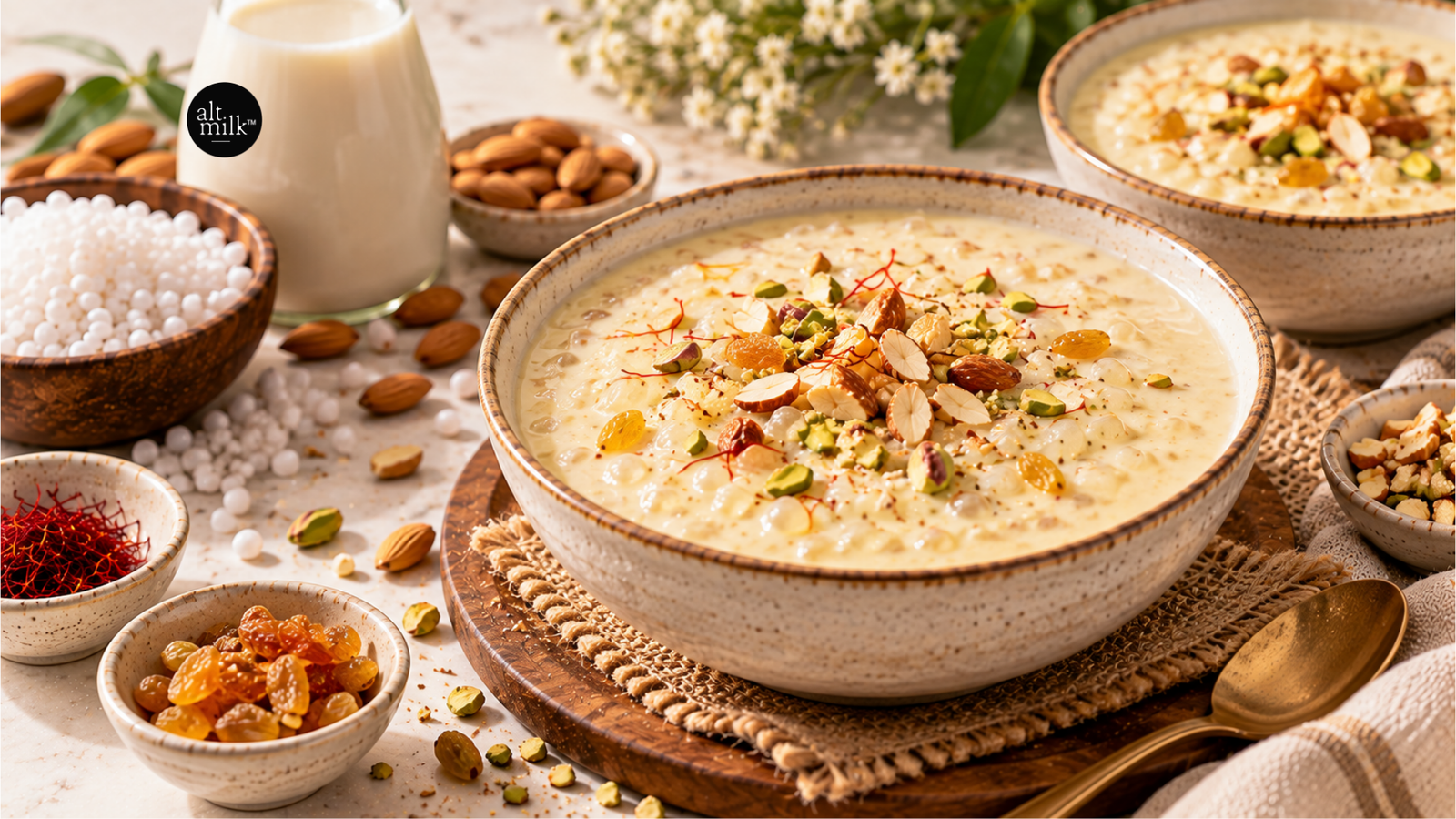 Creamy rice pudding topped with almonds, pistachios, raisins and saffron