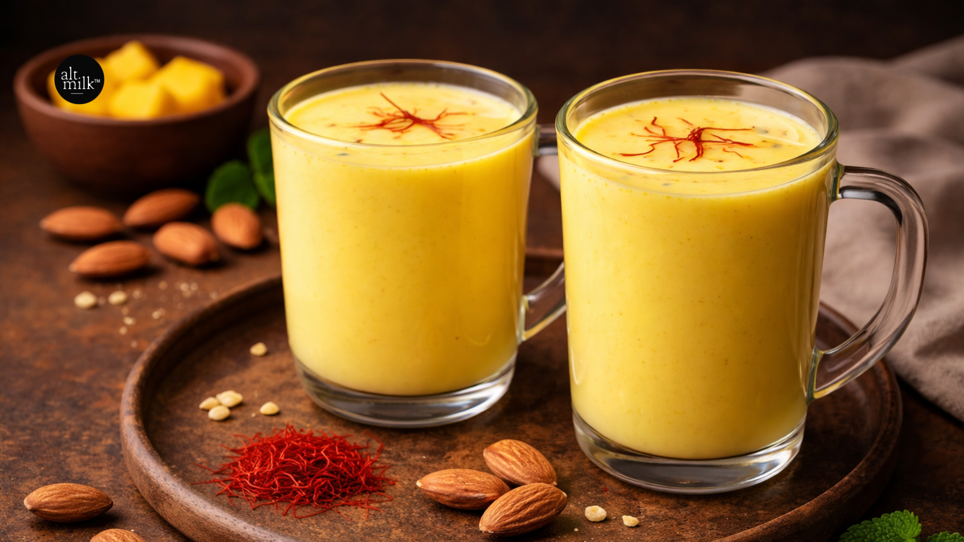 Creamy almond milk saffron latte served in glass mugs, garnished with saffron strands and surrounded by almonds and mango pieces on a rustic wooden tray.