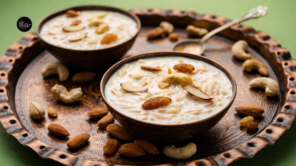 Almond milk sheer khurma garnished with cashews, almonds, raisins, and vermicelli, served in traditional bowls on an ornate tray for festive celebrations.