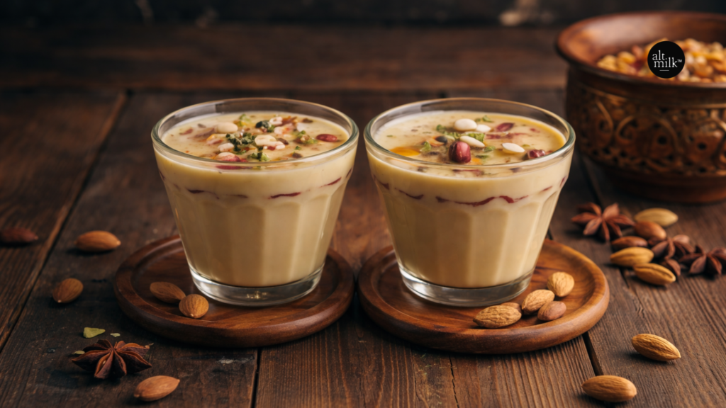 Two glasses of almond milk thandai topped with chopped nuts and saffron, served on wooden coasters with almonds and spices on a rustic wooden table.