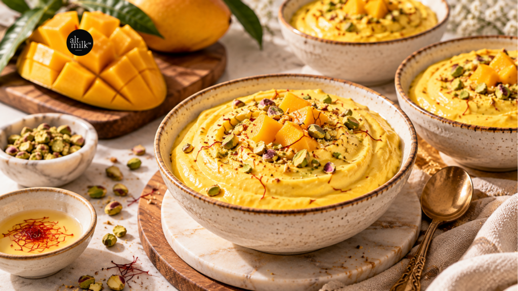 Mango kesar shrikhand topped with mango pieces, pistachios and saffron