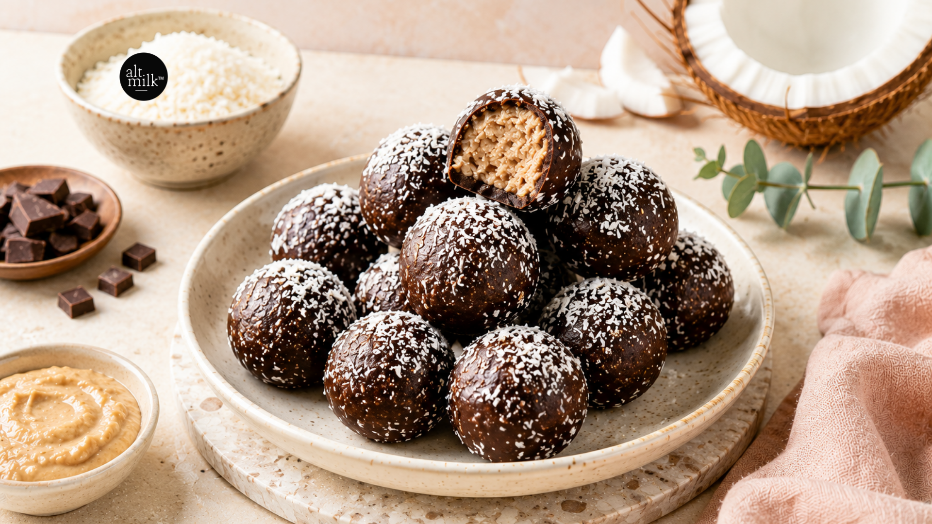 Coconut butter bliss balls with dark chocolate and shredded coconut on a plate