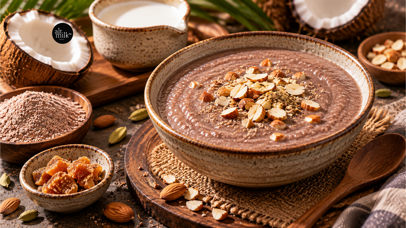 A wholesome, gluten-free breakfast rooted in traditional South Indian nutrition, made creamy with coconut milk in a ceramic plate