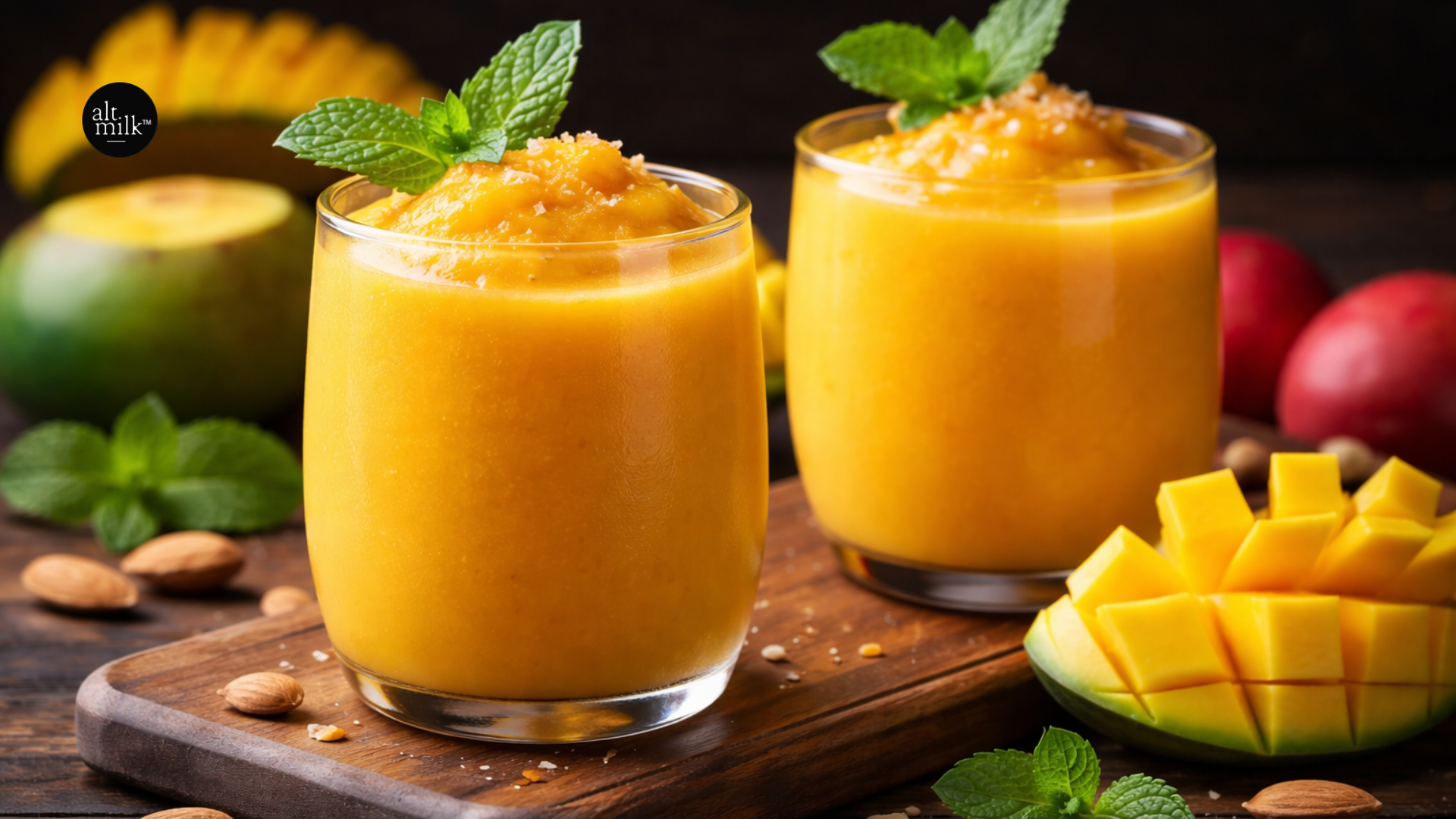 Two glasses of creamy mango almond milkshake topped with fresh mango puree and mint leaves, served on a wooden board. Fresh mangoes, diced mango cubes, and almonds are arranged around the drinks, creating a vibrant tropical beverage presentation. The bright yellow shakes are photographed against a dark rustic background.