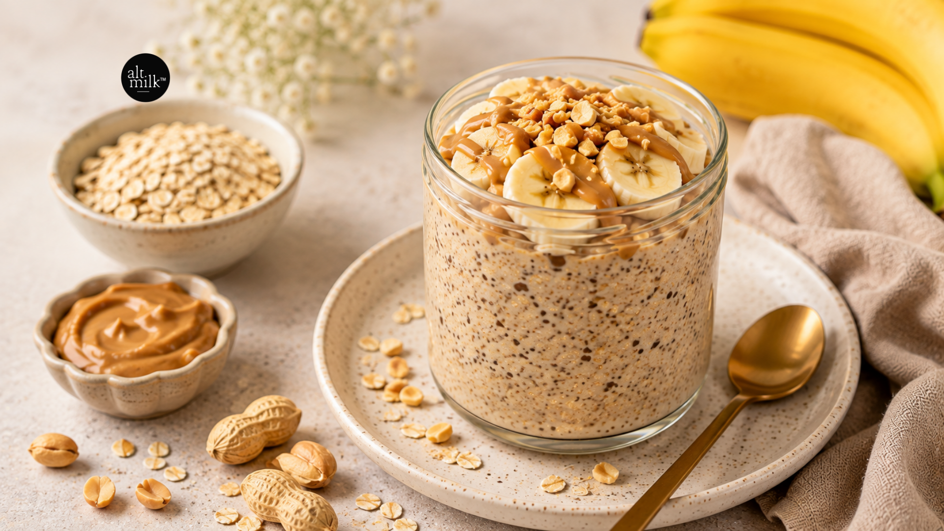 Peanut butter banana overnight oats topped with sliced banana and crushed peanuts