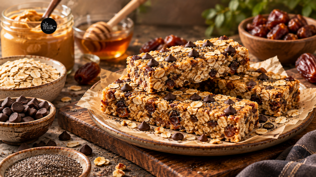 Peanut Butter OatEnergy Bars in a ceramic plate with honey peanut kept beside.