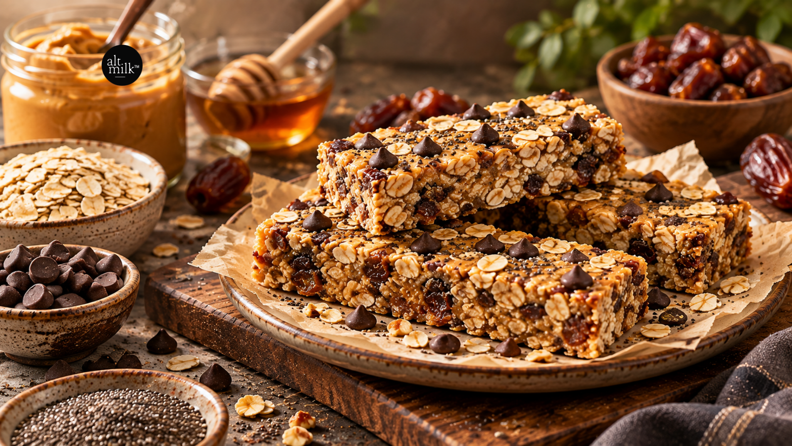 Peanut Butter OatEnergy Bars in a ceramic plate with honey peanut kept beside.