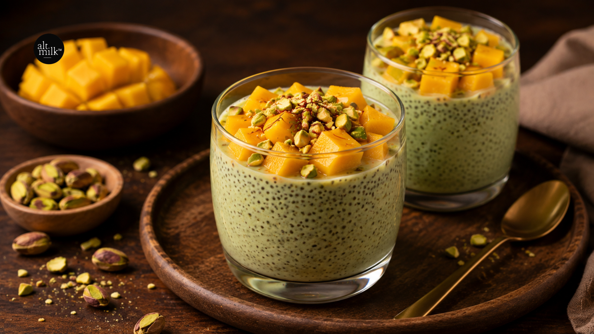 Pistachio milk chia pudding topped with fresh mango chunks and crushed pistachios