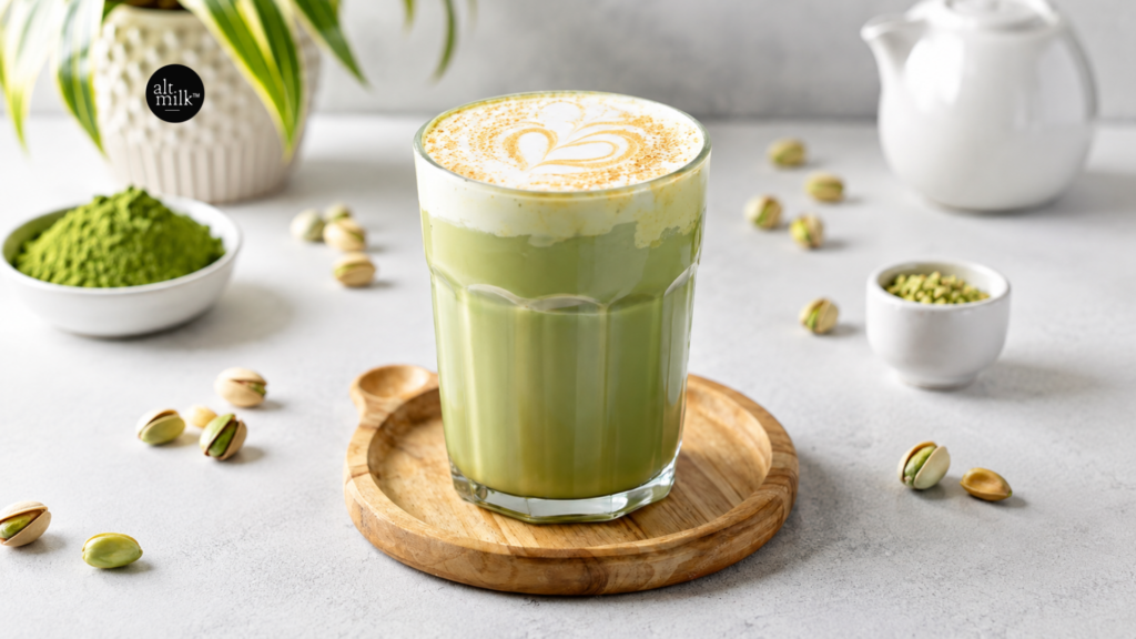 Pistachio milk matcha latte with creamy foam and pistachios on a wooden tray
