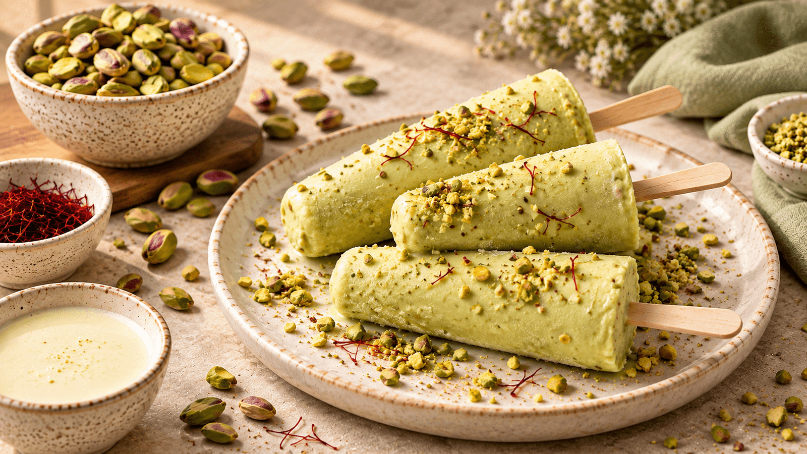 three Pistachio Milk No Churn Kulfi in the plate with kesar, pistachio on side and little bit top of it.