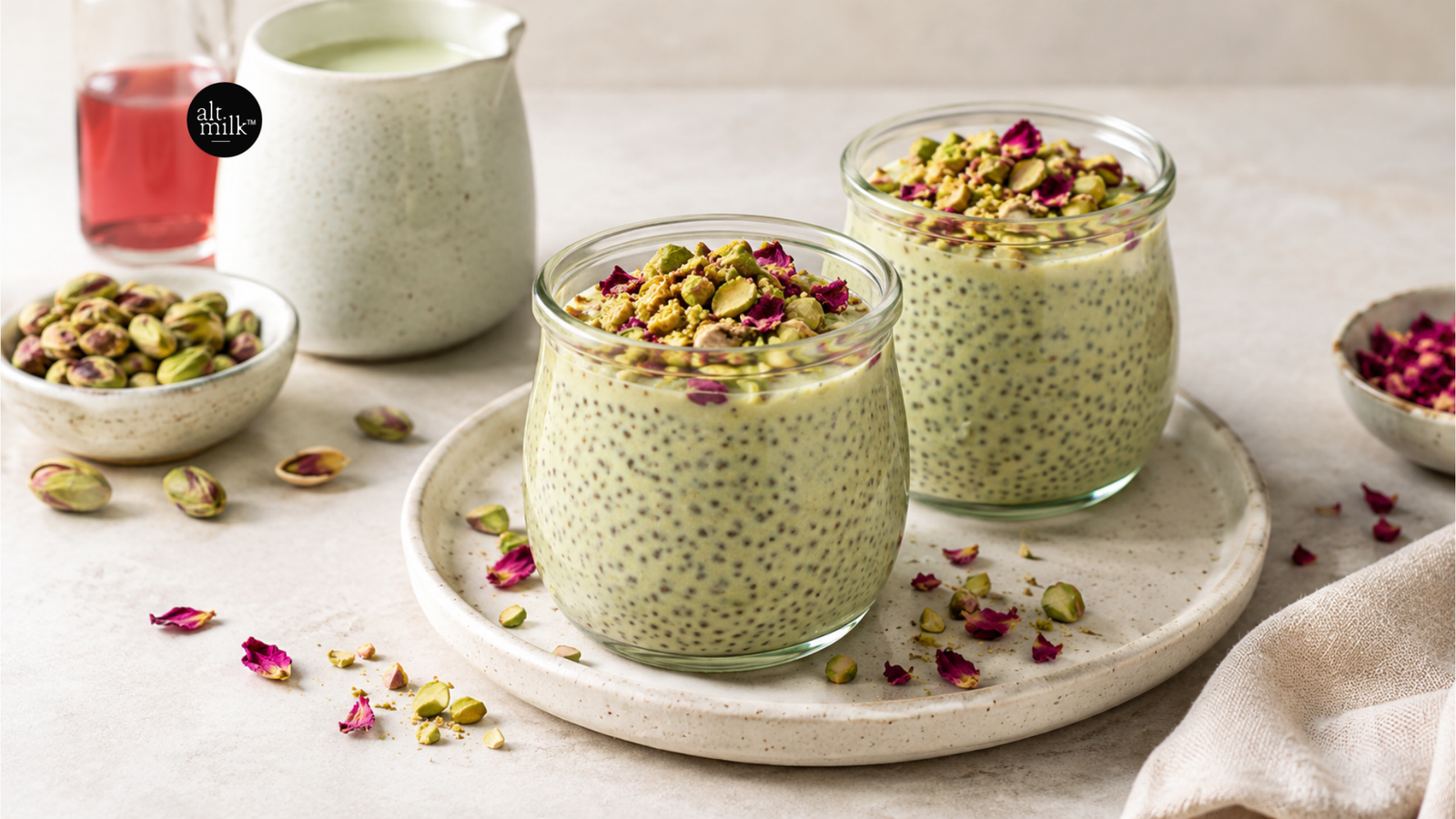 Pistachio rose chia pudding made with Alt Milk pistachio milk, topped with chopped pistachios and dried rose petals, served in glass jars.