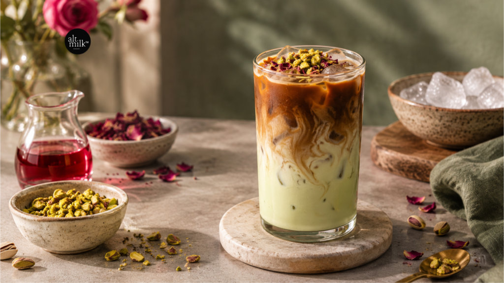 Rose pistachio iced latte made with Alt Milk pistachio milk, espresso, and rose syrup, served in a tall glass with ice cubes and chopped pistachios.