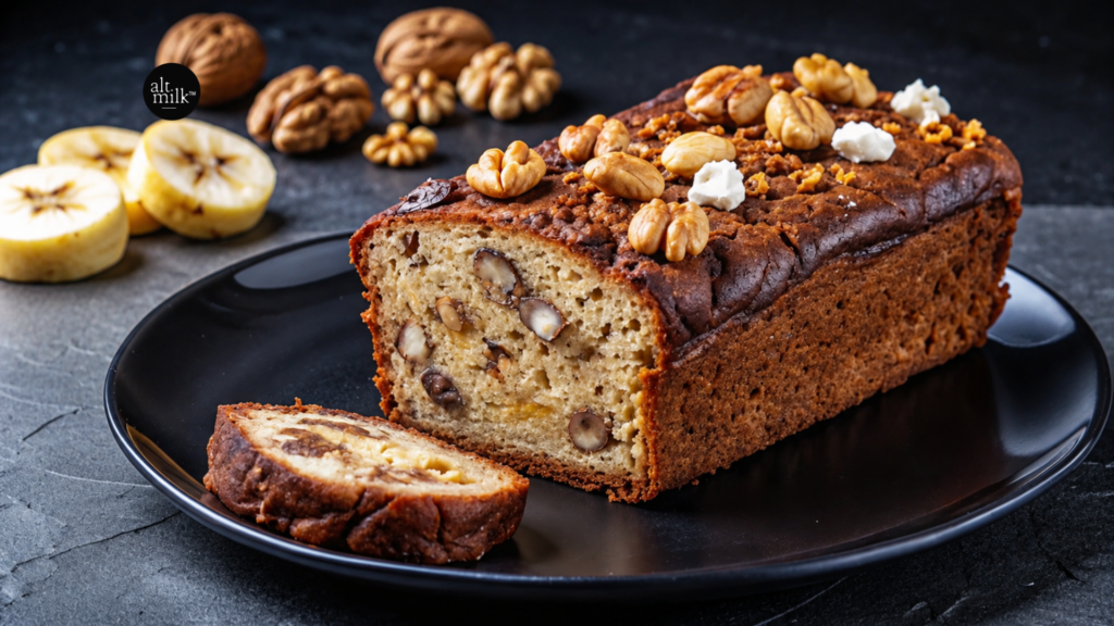 Walnut milk banana bread topped with walnuts, served with sliced banana on a black plate