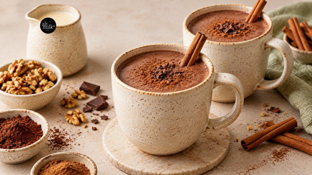 Walnut milk hot chocolate with cinnamon and cocoa powder in ceramic mugs